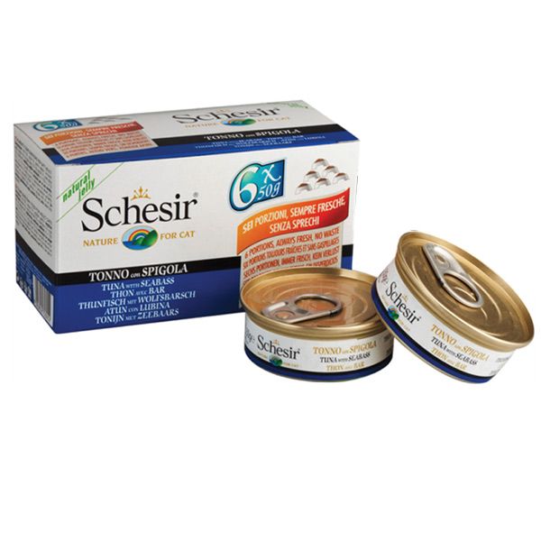 کنسرو غذای گربه شسیر مدل multipack tuna with sea bass 53052 با طعم مولتی پک ماهی تن و ماهی بس وزن 6 x 50 گرم