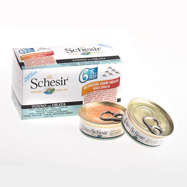 کنسرو غذای گربه شسیر مدل multipack tuna with seabream 11267 با طعم مولتی پک ماهی تن و ماهی اقیانوس وزن 6 x 50 گرم
