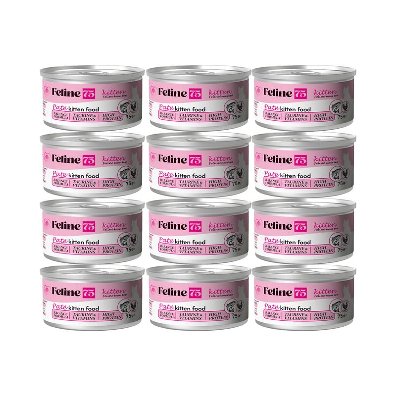 کنسرو غذای گربه نابالغ فیلاین 75 مدل kitten پته طعم مرغ و ماهی وزن 900 گرم بسته 12 عددی