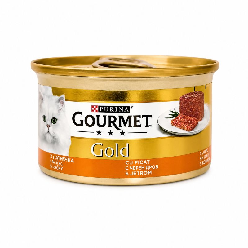 کنسرو غذای گربه گورمت مدل gold mousse بافت موس با طعم جگر وزن 85 گرم
