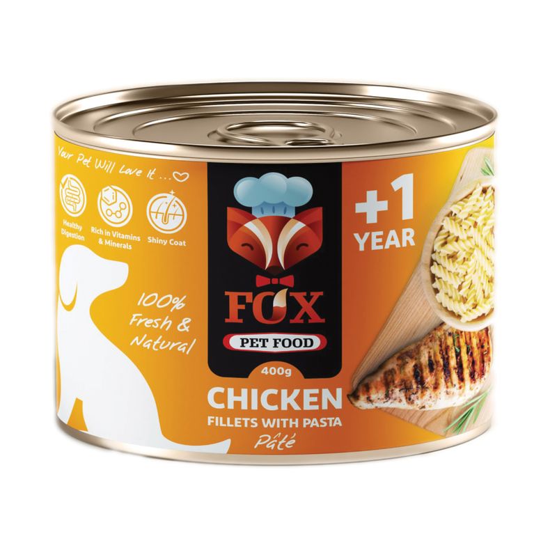 کنسرو فاکس پت فود مدل فیله مرغ و پاستا کد p1019 وزن 500 گرم