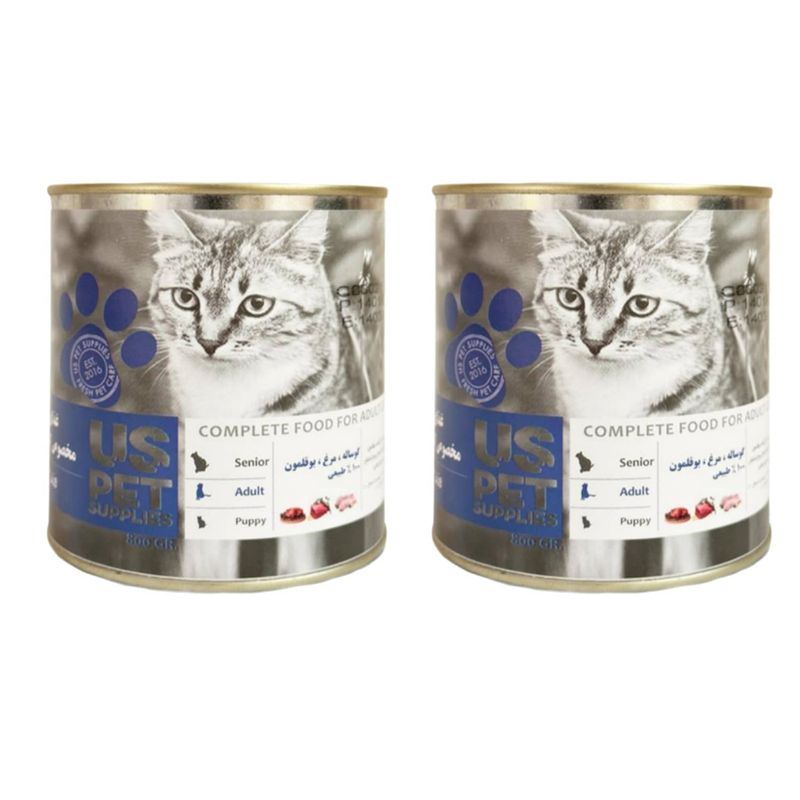 کنسرو گربه یو اس پت مدل گوشت گوساله و مرغ و بوقلمون وزن 800 گرم بسته دو عددی